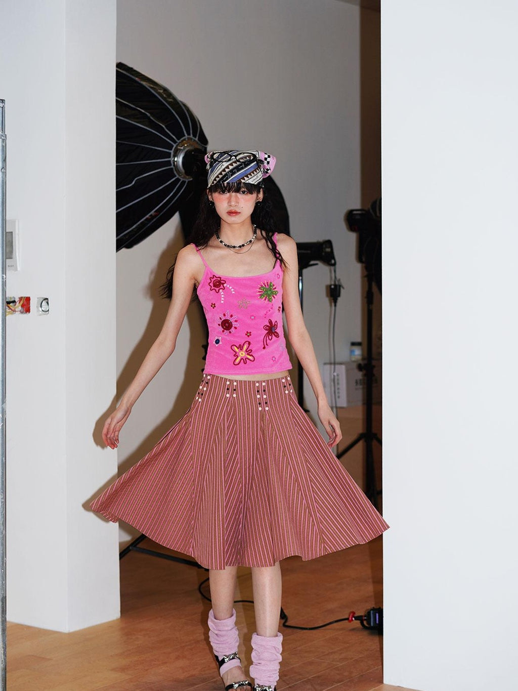 badtaste Western Retro Striped Beaded Studded Low Waist Flared Women's A-line Skirts