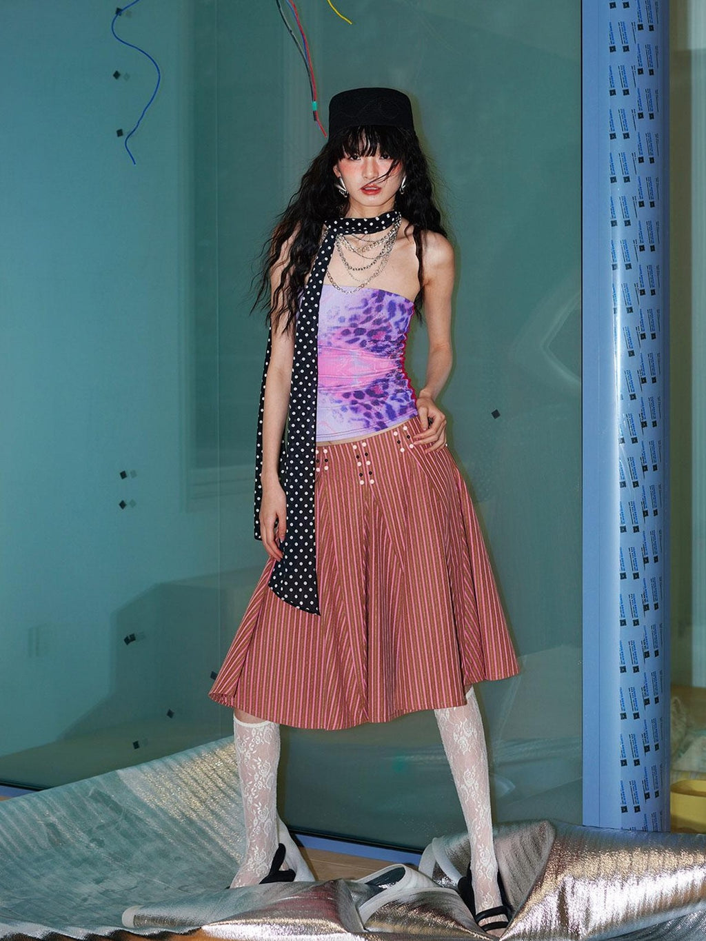 badtaste Western Retro Striped Beaded Studded Low Waist Flared Women's A-line Skirts