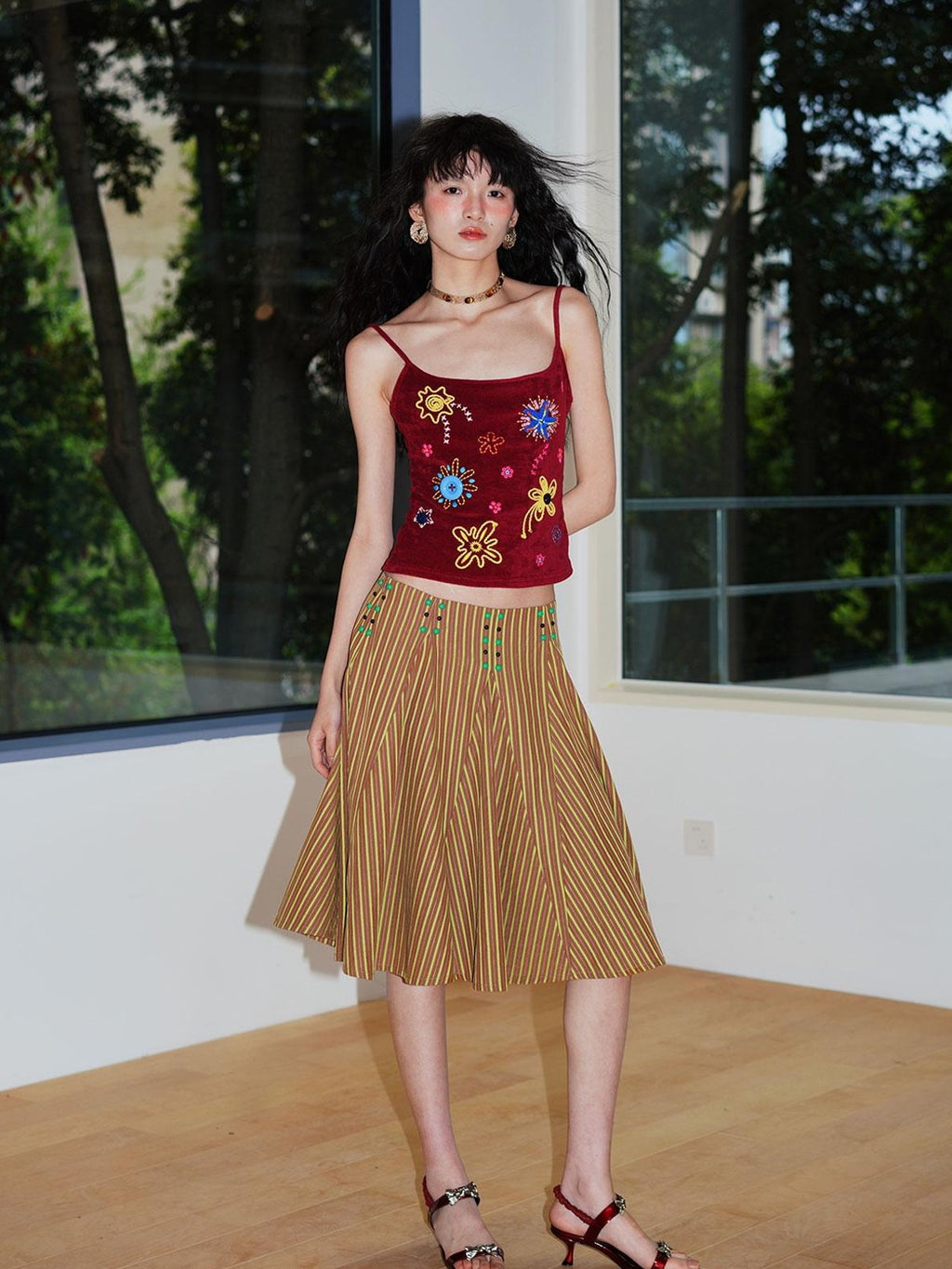 badtaste Western Retro Striped Beaded Studded Low Waist Flared Women's A-line Skirts