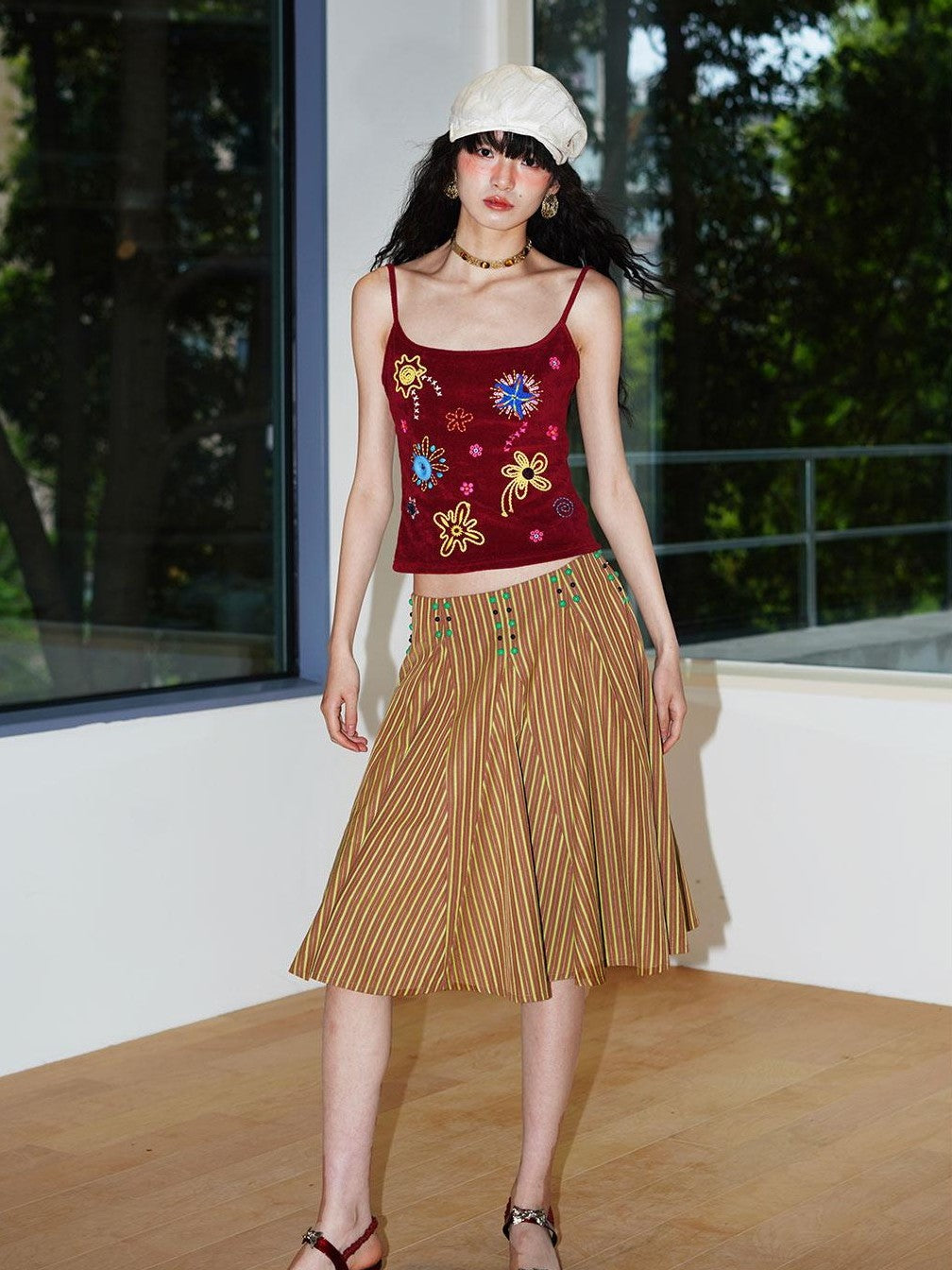 badtaste Western Retro Striped Beaded Studded Low Waist Flared Women's A-line Skirts