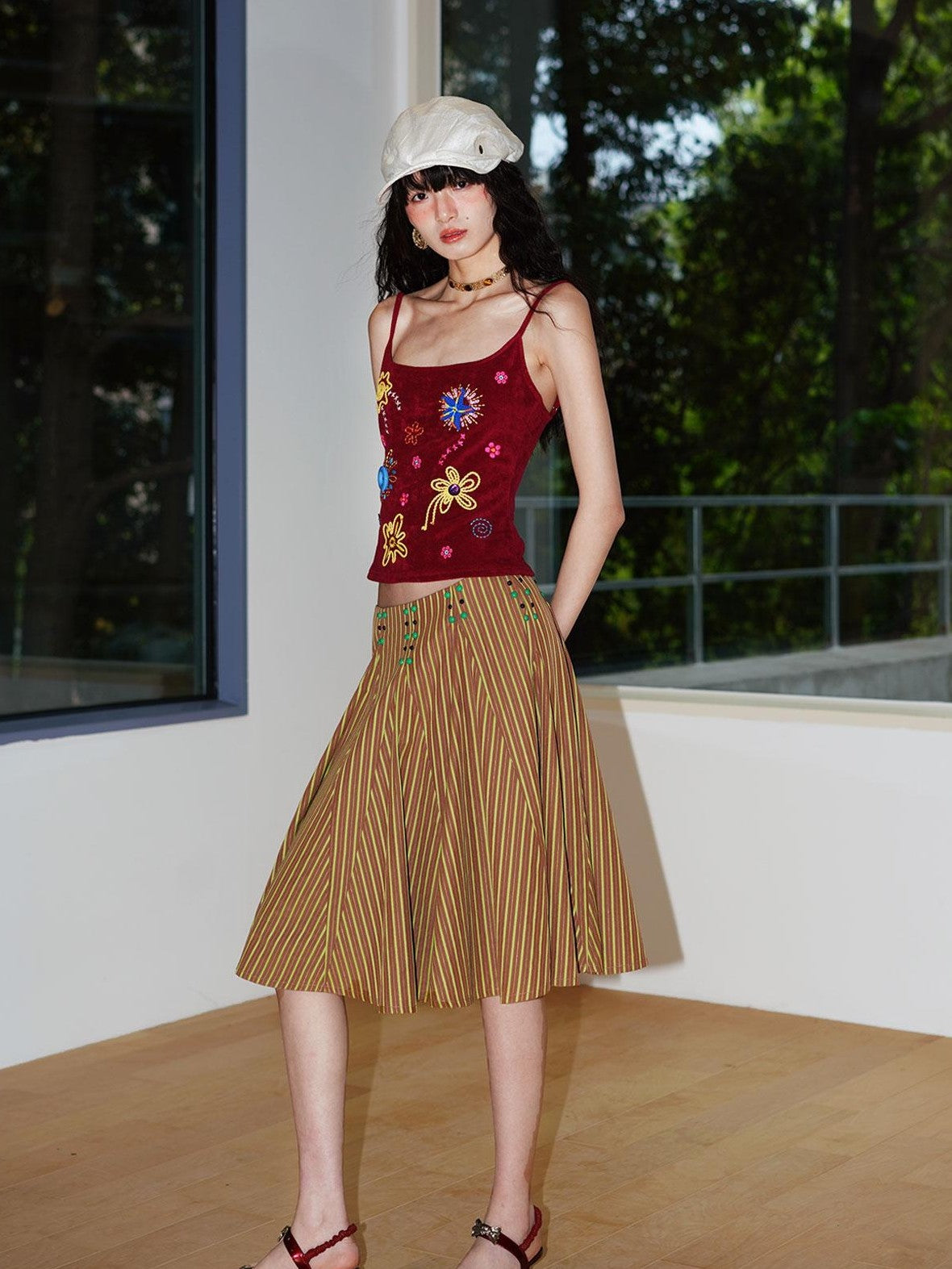 badtaste Western Retro Striped Beaded Studded Low Waist Flared Women's A-line Skirts