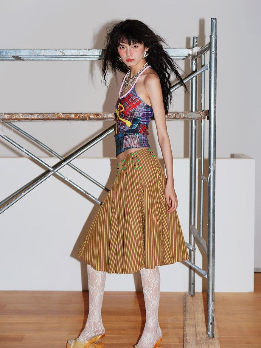 badtaste Western Retro Striped Beaded Studded Low Waist Flared Women's A-line Skirts