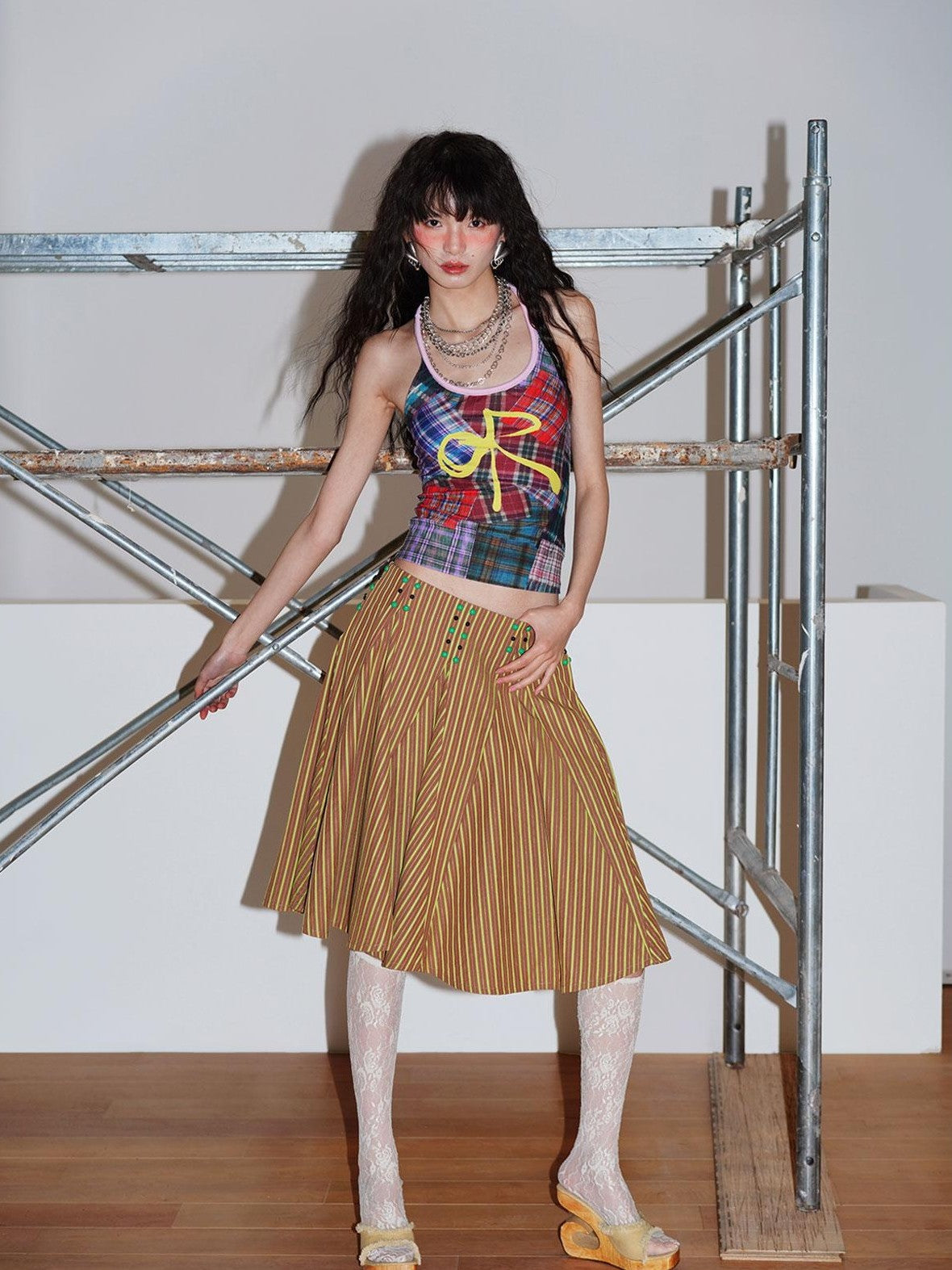 badtaste Western Retro Striped Beaded Studded Low Waist Flared Women's A-line Skirts