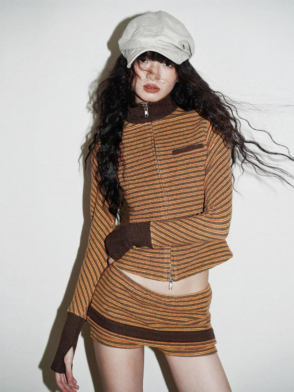 badtaste Western Retro Striped Slim Long Sleeve Women's Casual Top & Shorts Sets