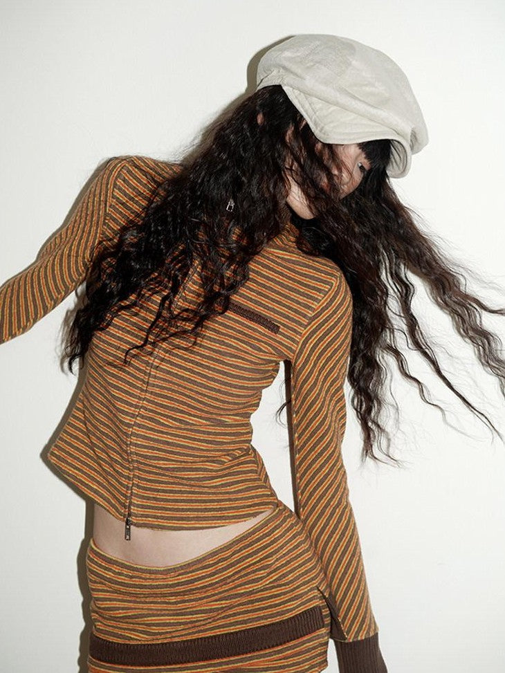 badtaste Western Retro Striped Slim Long Sleeve Women's Casual Top & Shorts Sets