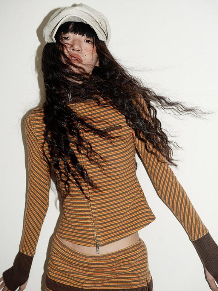 badtaste Western Retro Striped Slim Long Sleeve Women's Casual Top & Shorts Sets
