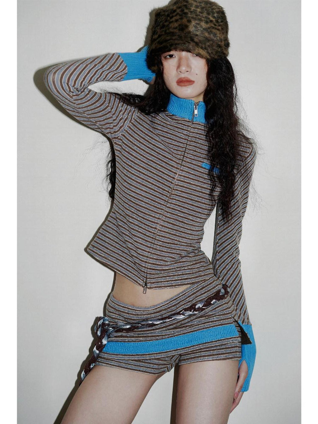 badtaste Western Retro Striped Slim Long Sleeve Women's Casual Top & Shorts Sets