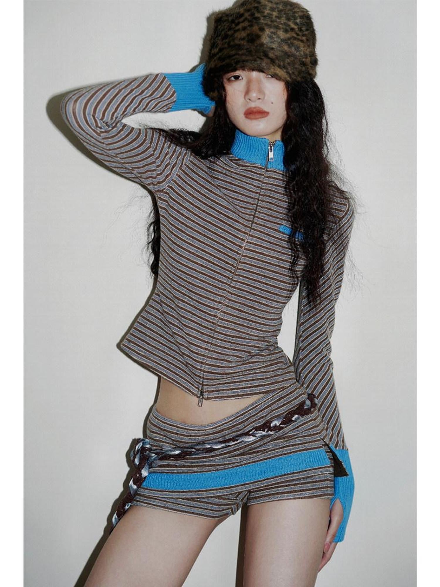 badtaste Western Retro Striped Slim Long Sleeve Women's Casual Top & Shorts Sets