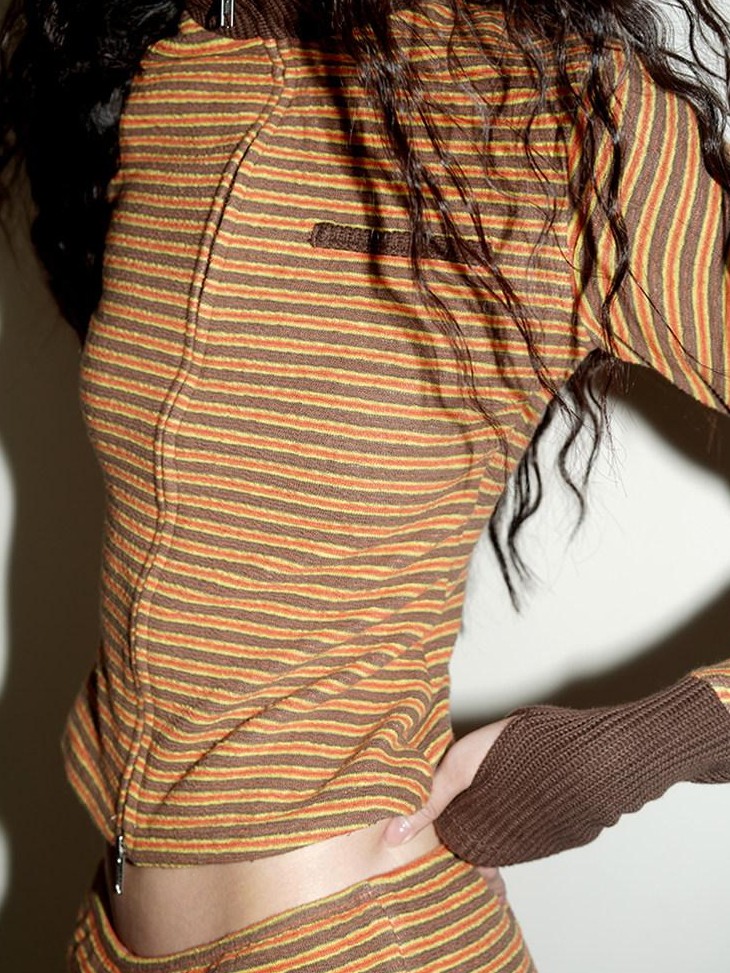 badtaste Western Retro Striped Slim Long Sleeve Women's Casual Top & Shorts Sets