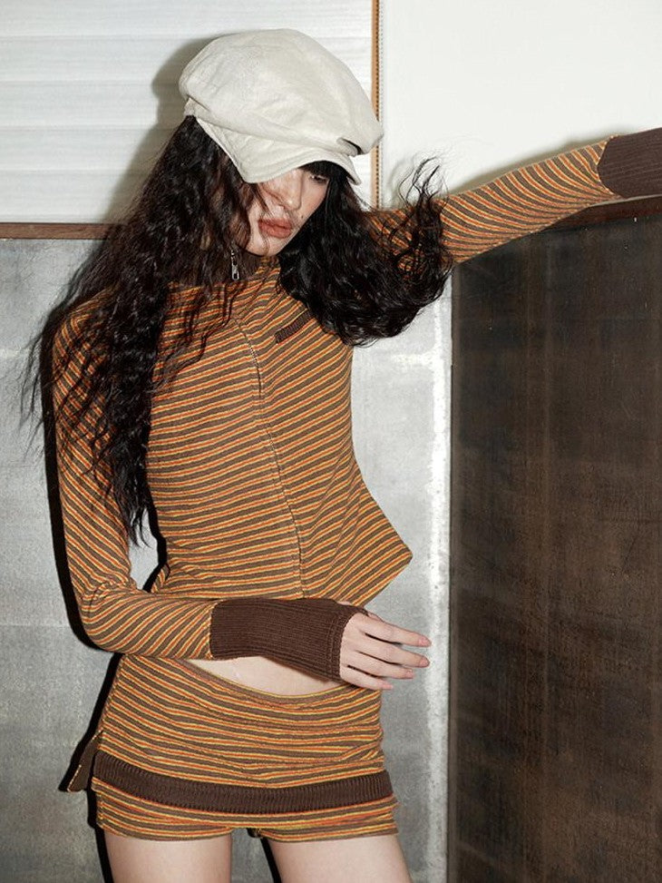 badtaste Western Retro Striped Slim Long Sleeve Women's Casual Top & Shorts Sets