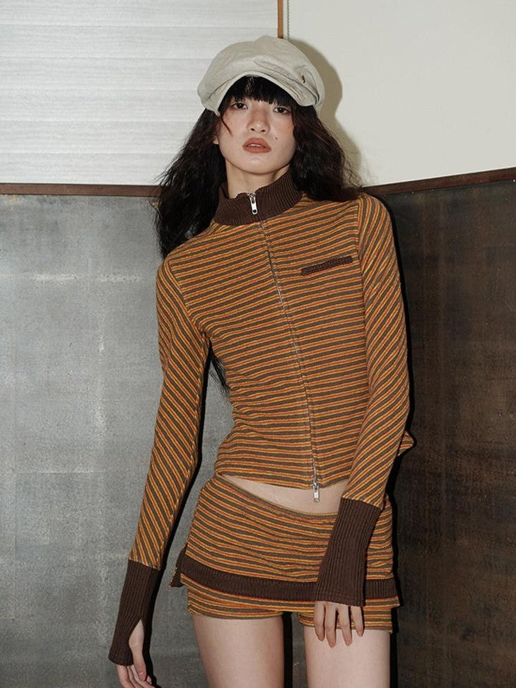 badtaste Western Retro Striped Slim Long Sleeve Women's Casual Top & Shorts Sets
