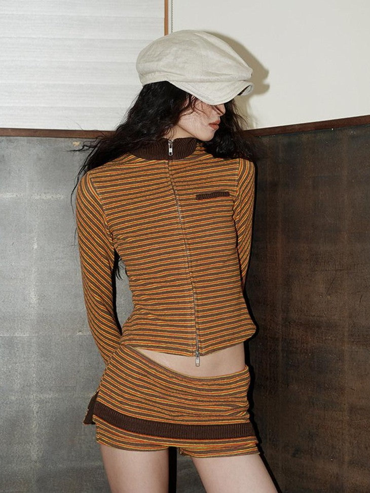 badtaste Western Retro Striped Slim Long Sleeve Women's Casual Top & Shorts Sets