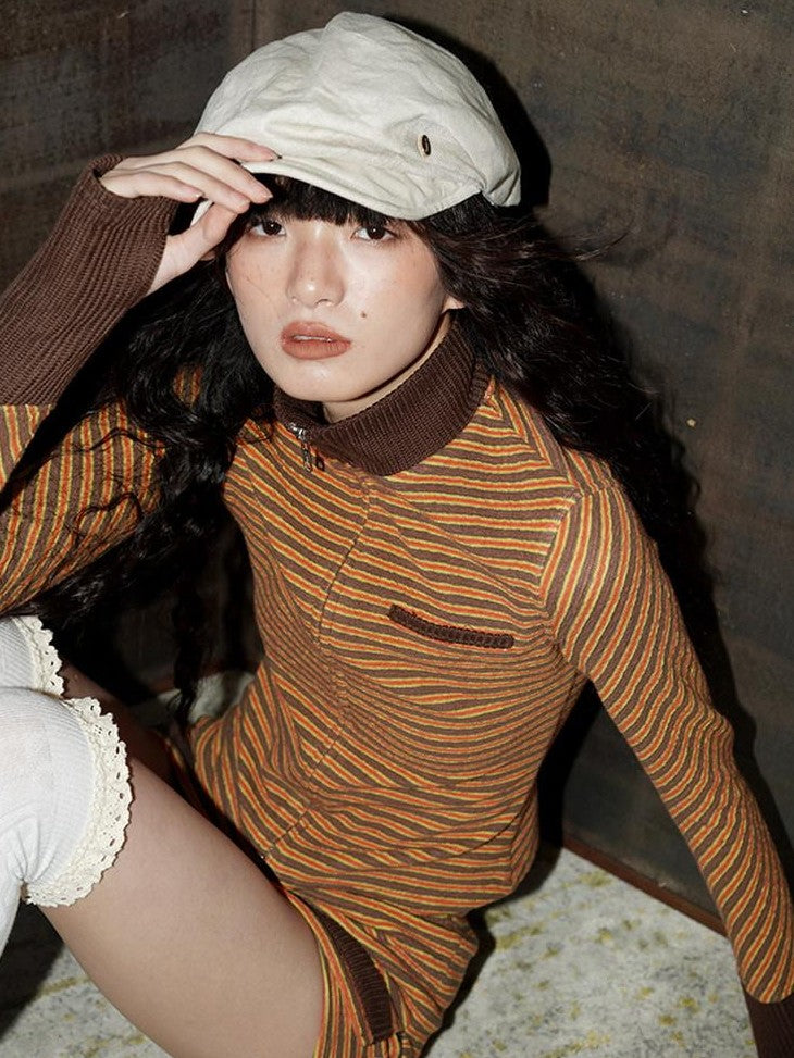 badtaste Western Retro Striped Slim Long Sleeve Women's Casual Top & Shorts Sets