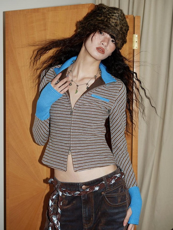 badtaste Western Retro Striped Slim Long Sleeve Women's Casual Top & Shorts Sets