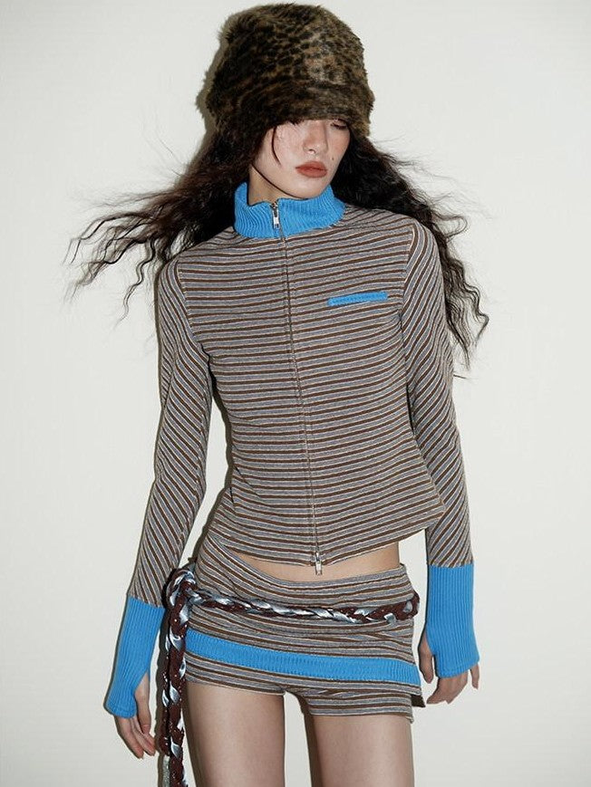badtaste Western Retro Striped Slim Long Sleeve Women's Casual Top & Shorts Sets