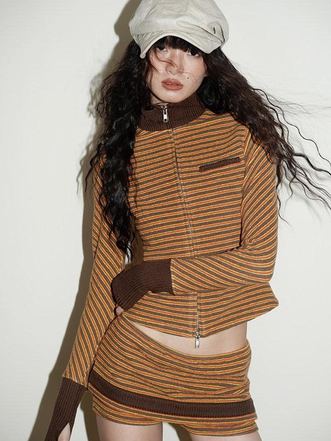 badtaste Western Retro Striped Slim Long Sleeve Women's Casual Top & Shorts Sets