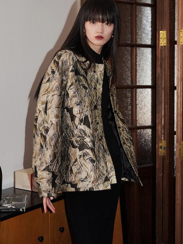 badtaste Western Retro Textured Jacquard Relaxed Round Neck Women's Linen Casual Jackets