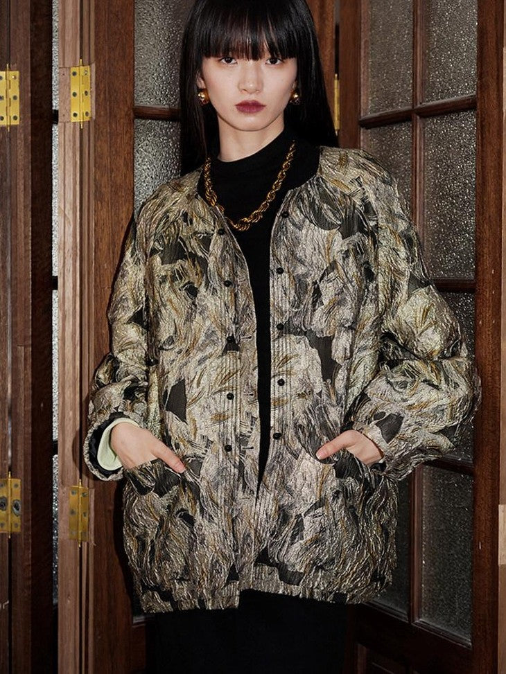 badtaste Western Retro Textured Jacquard Relaxed Round Neck Women's Linen Casual Jackets