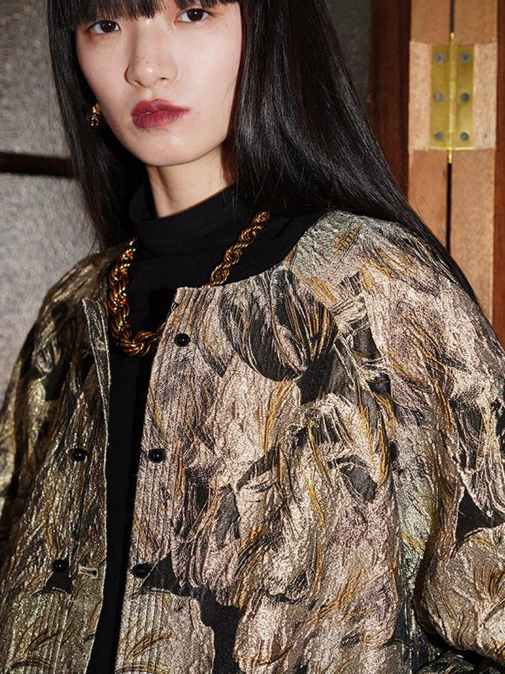 badtaste Western Retro Textured Jacquard Relaxed Round Neck Women's Linen Casual Jackets