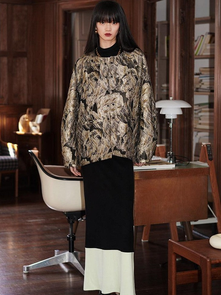 badtaste Western Retro Textured Jacquard Relaxed Round Neck Women's Linen Casual Jackets