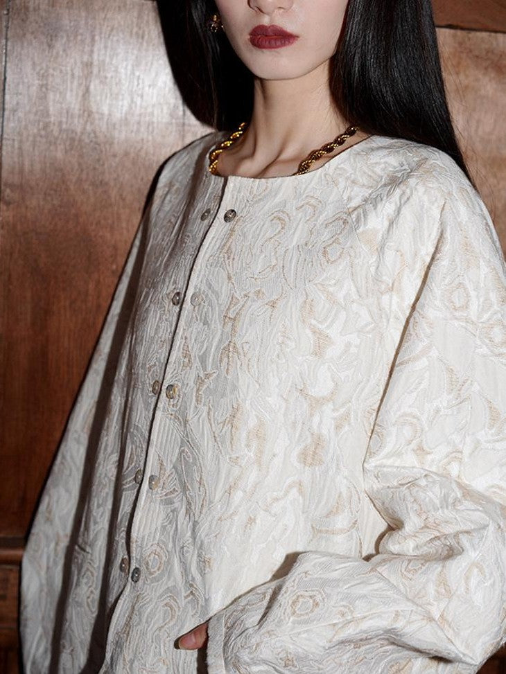 badtaste Western Retro Textured Jacquard Relaxed Round Neck Women's Linen Casual Jackets