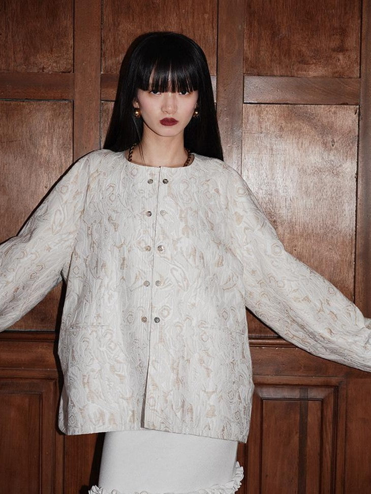 badtaste Western Retro Textured Jacquard Relaxed Round Neck Women's Linen Casual Jackets