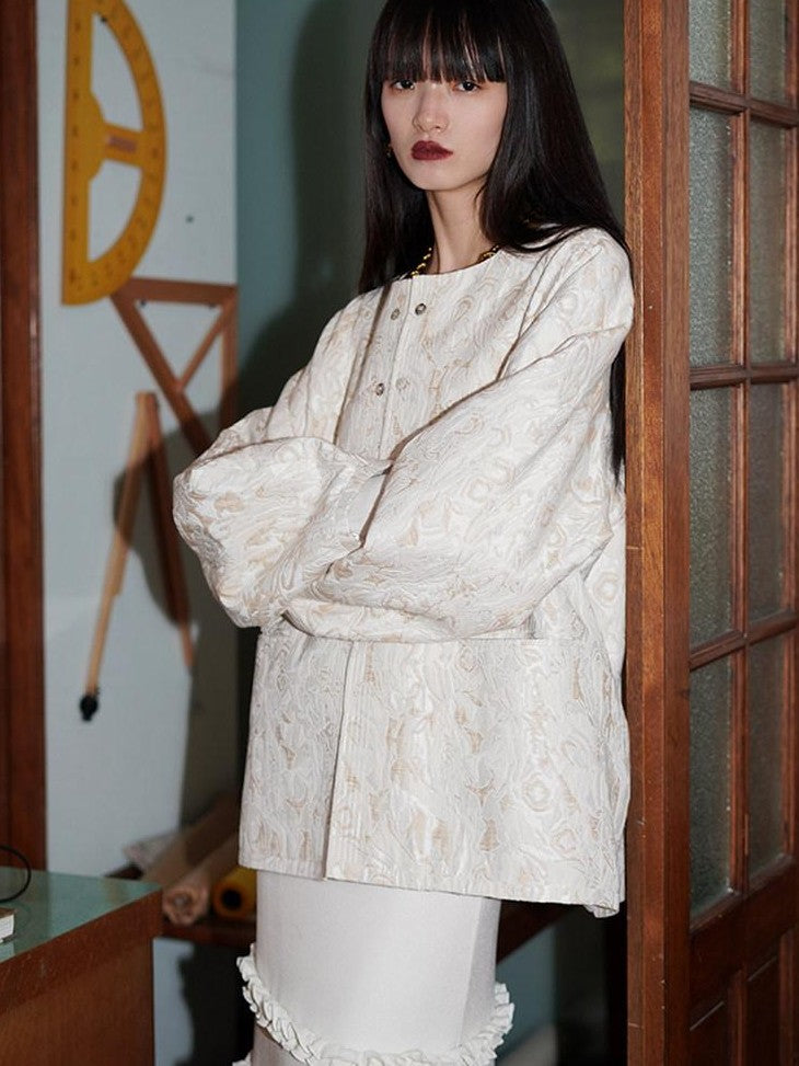 badtaste Western Retro Textured Jacquard Relaxed Round Neck Women's Linen Casual Jackets