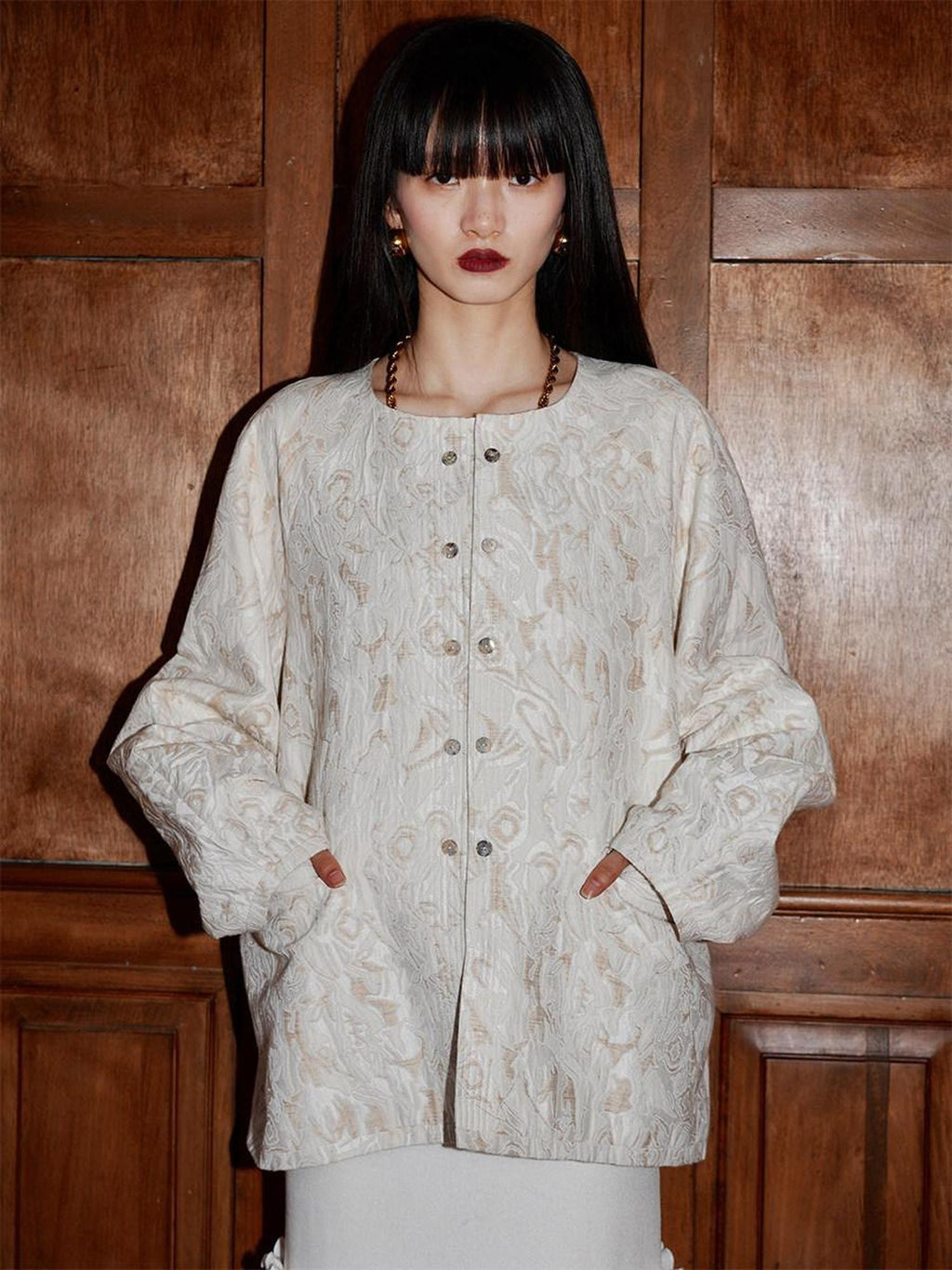 badtaste Western Retro Textured Jacquard Relaxed Round Neck Women's Linen Casual Jackets