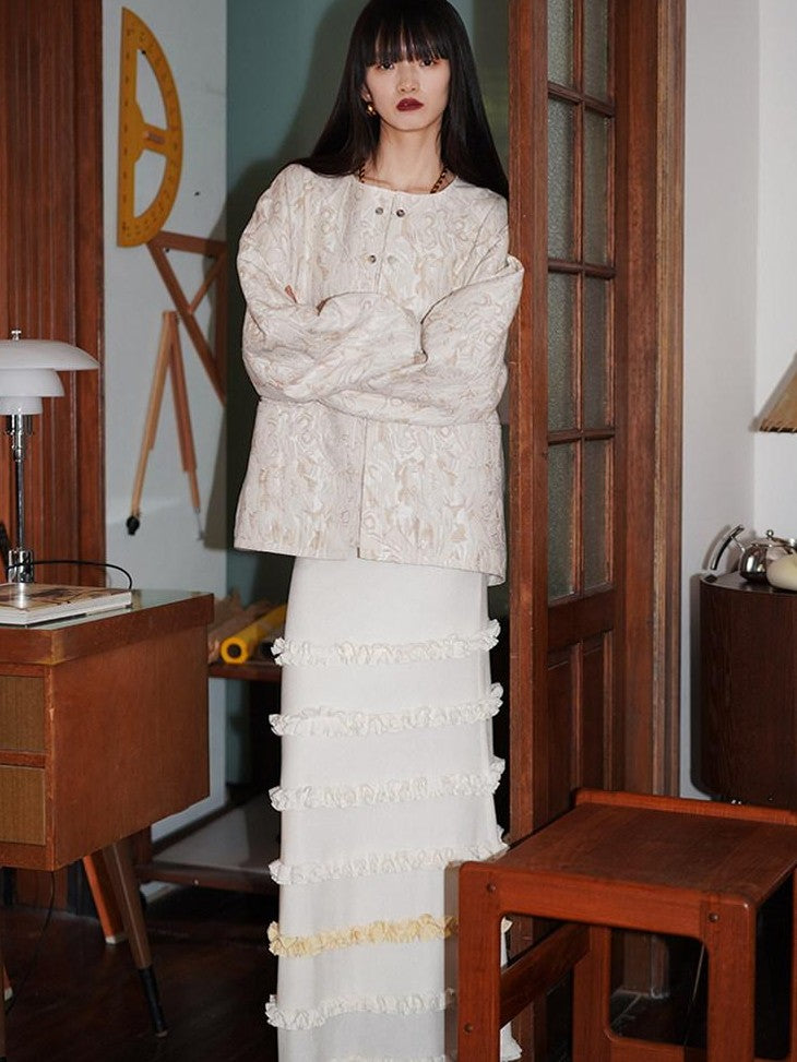 badtaste Western Retro Textured Jacquard Relaxed Round Neck Women's Linen Casual Jackets