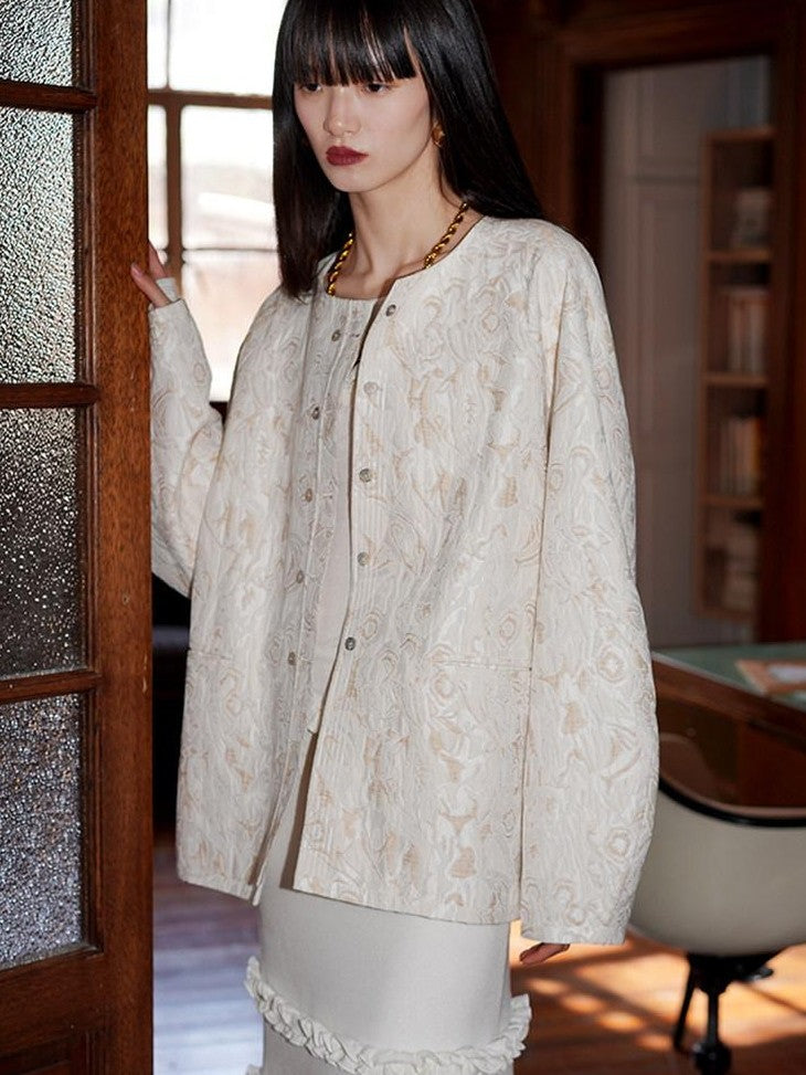 badtaste Western Retro Textured Jacquard Relaxed Round Neck Women's Linen Casual Jackets