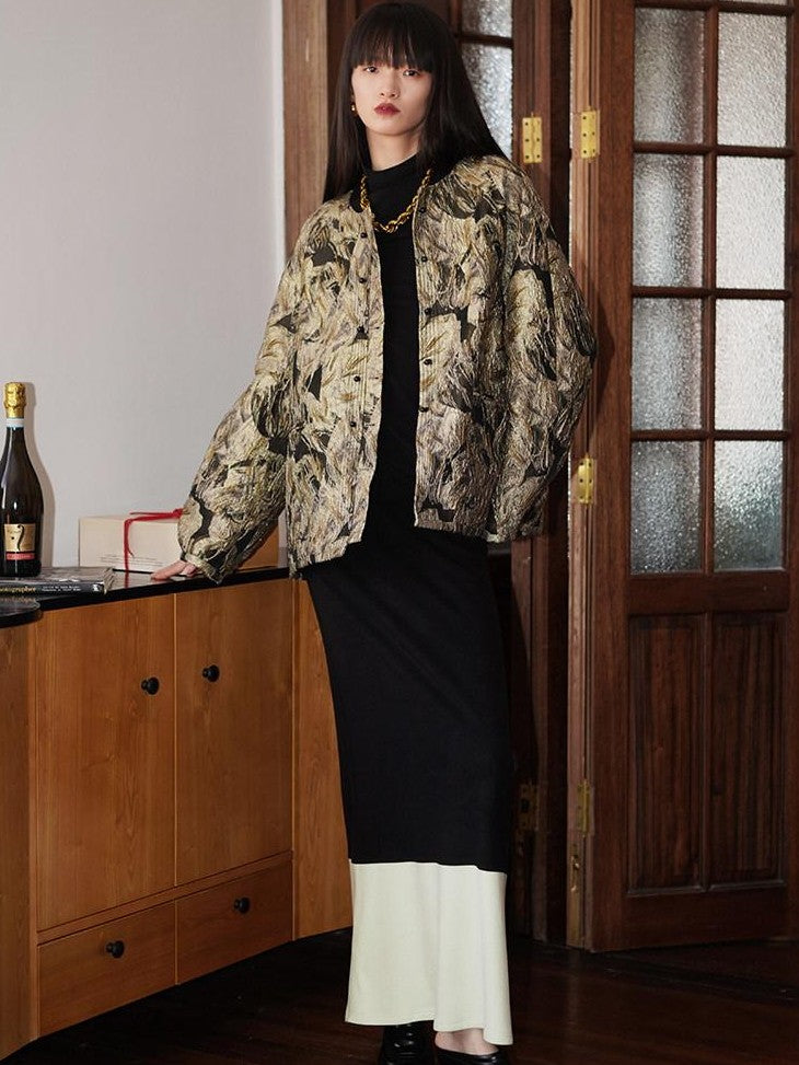 badtaste Western Retro Textured Jacquard Relaxed Round Neck Women's Linen Casual Jackets