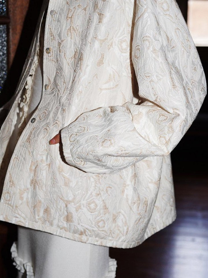 badtaste Western Retro Textured Jacquard Relaxed Round Neck Women's Linen Casual Jackets