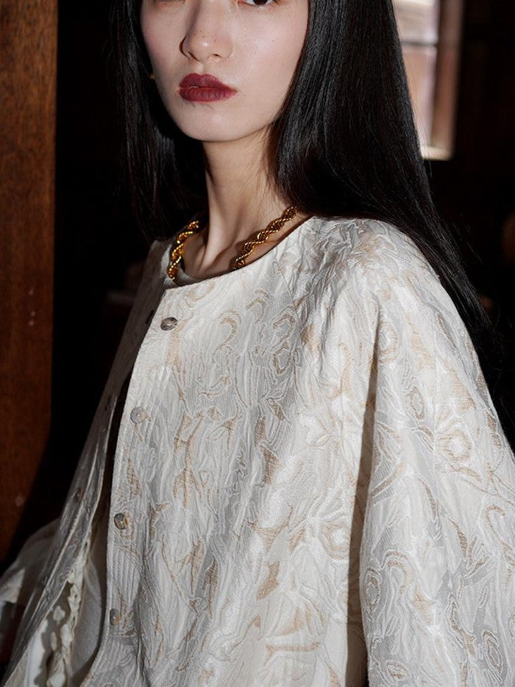 badtaste Western Retro Textured Jacquard Relaxed Round Neck Women's Linen Casual Jackets