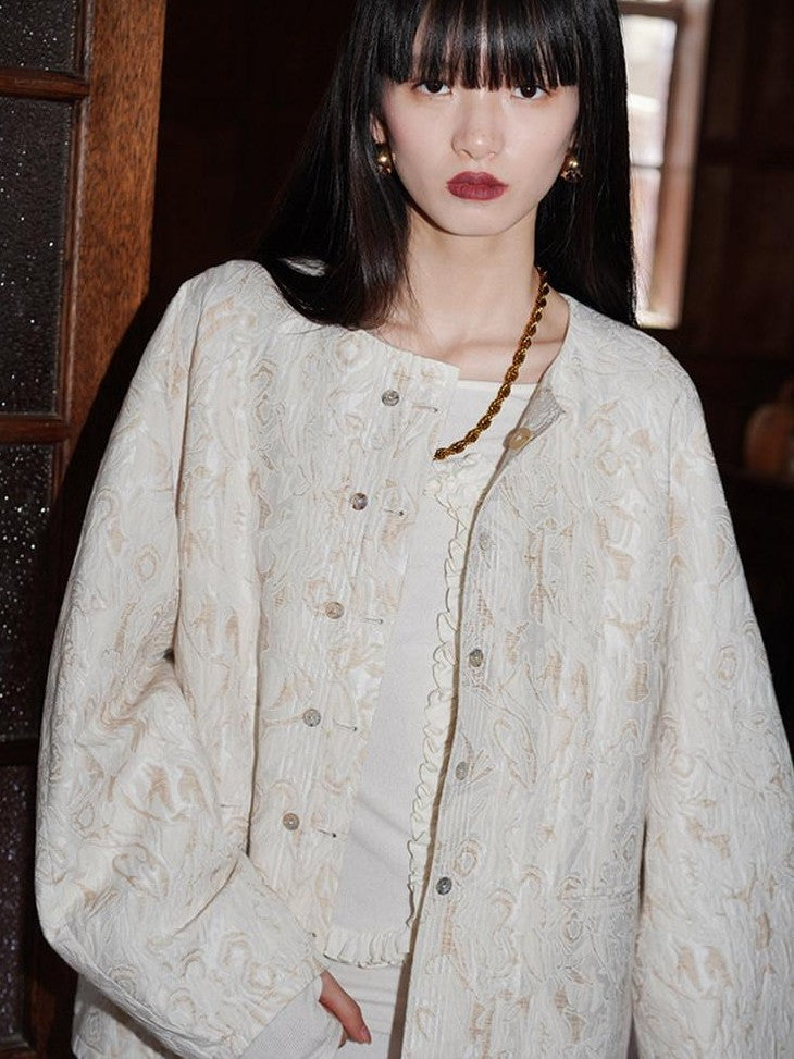 badtaste Western Retro Textured Jacquard Relaxed Round Neck Women's Linen Casual Jackets