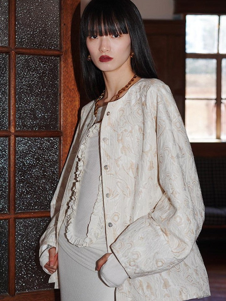 badtaste Western Retro Textured Jacquard Relaxed Round Neck Women's Linen Casual Jackets