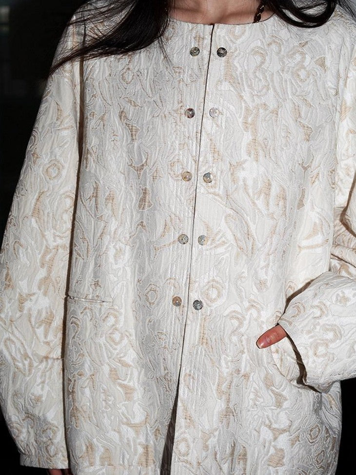 badtaste Western Retro Textured Jacquard Relaxed Round Neck Women's Linen Casual Jackets
