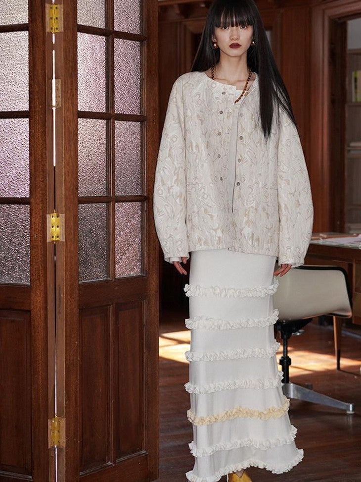 badtaste Western Retro Textured Jacquard Relaxed Round Neck Women's Linen Casual Jackets