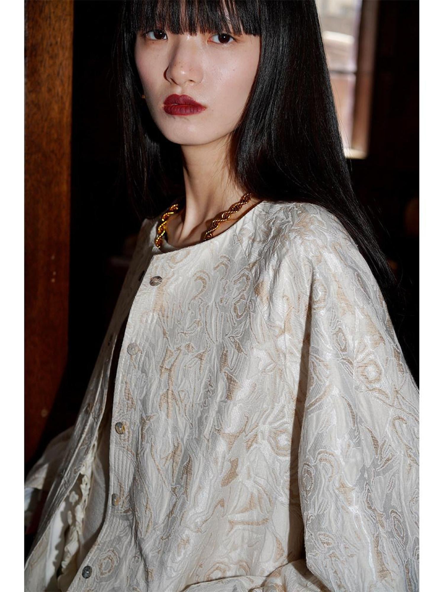 badtaste Western Retro Textured Jacquard Relaxed Round Neck Women's Linen Casual Jackets