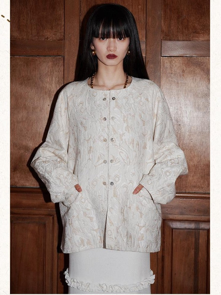 badtaste Western Retro Textured Jacquard Relaxed Round Neck Women's Linen Casual Jackets