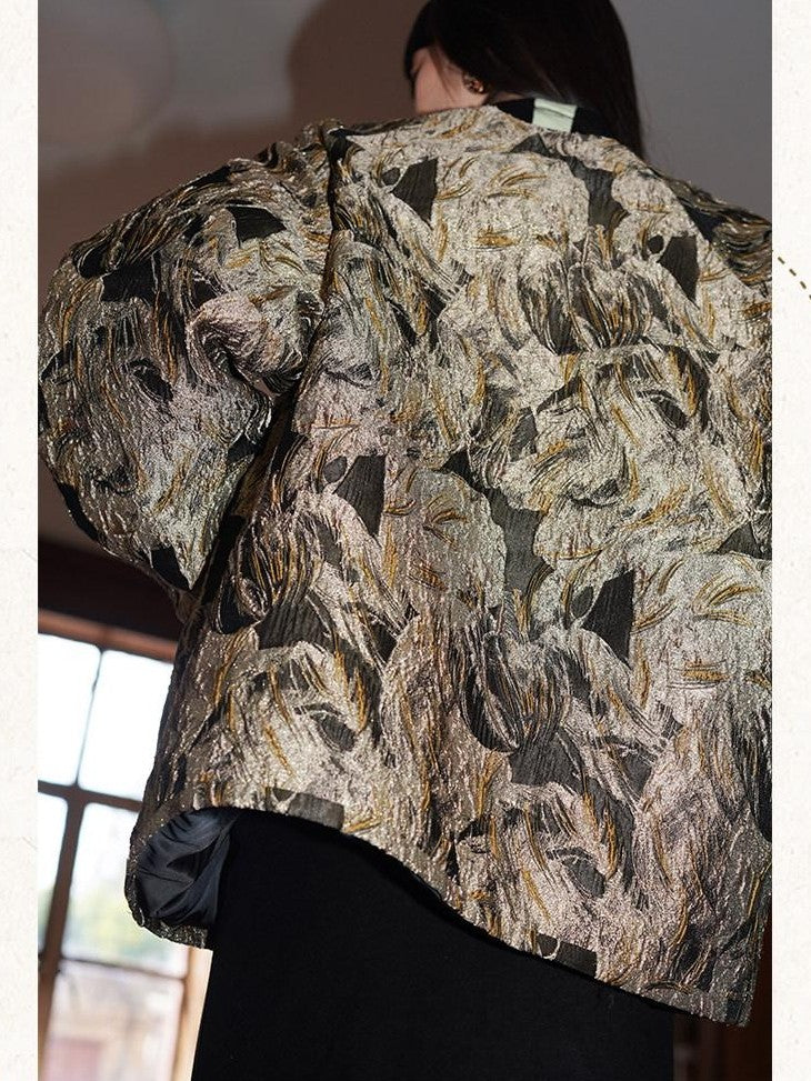 badtaste Western Retro Textured Jacquard Relaxed Round Neck Women's Linen Casual Jackets