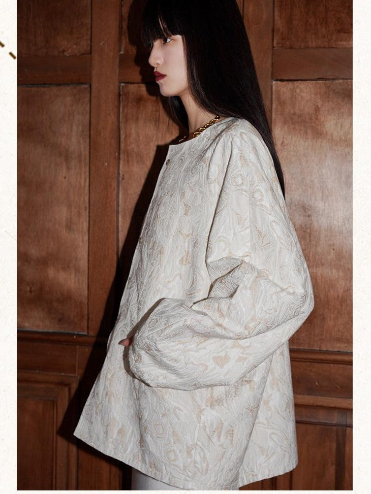 badtaste Western Retro Textured Jacquard Relaxed Round Neck Women's Linen Casual Jackets