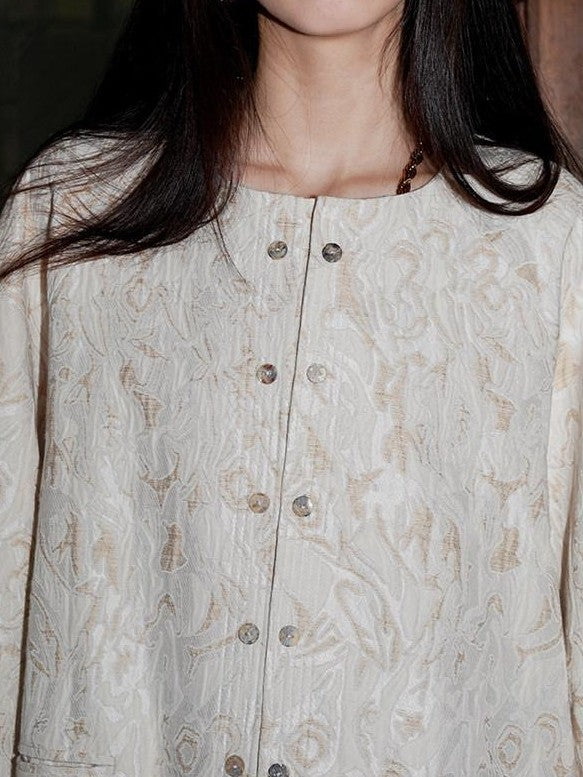 badtaste Western Retro Textured Jacquard Relaxed Round Neck Women's Linen Casual Jackets