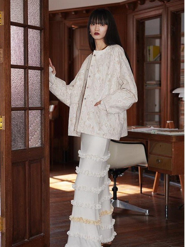 badtaste Western Retro Textured Jacquard Relaxed Round Neck Women's Linen Casual Jackets