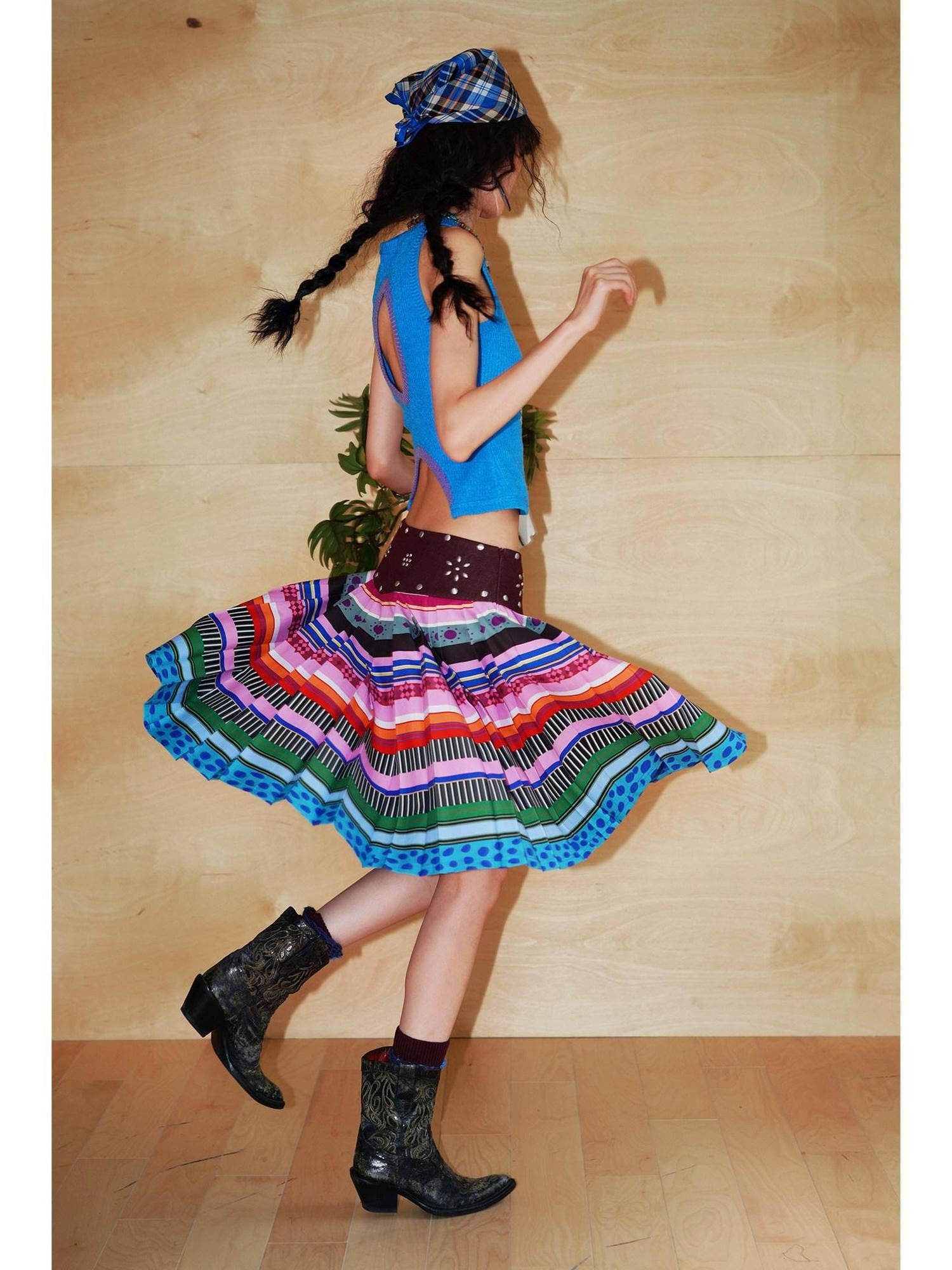 badtaste Western Rhinestone Print A Line Low Waist Women's Denim Pleated Skirts