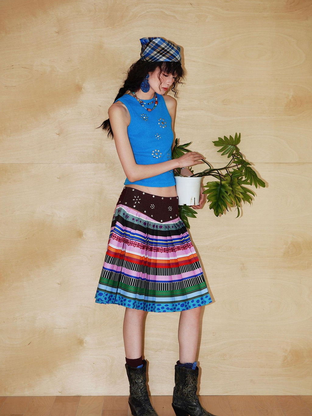 badtaste Western Rhinestone Print A Line Low Waist Women's Denim Pleated Skirts