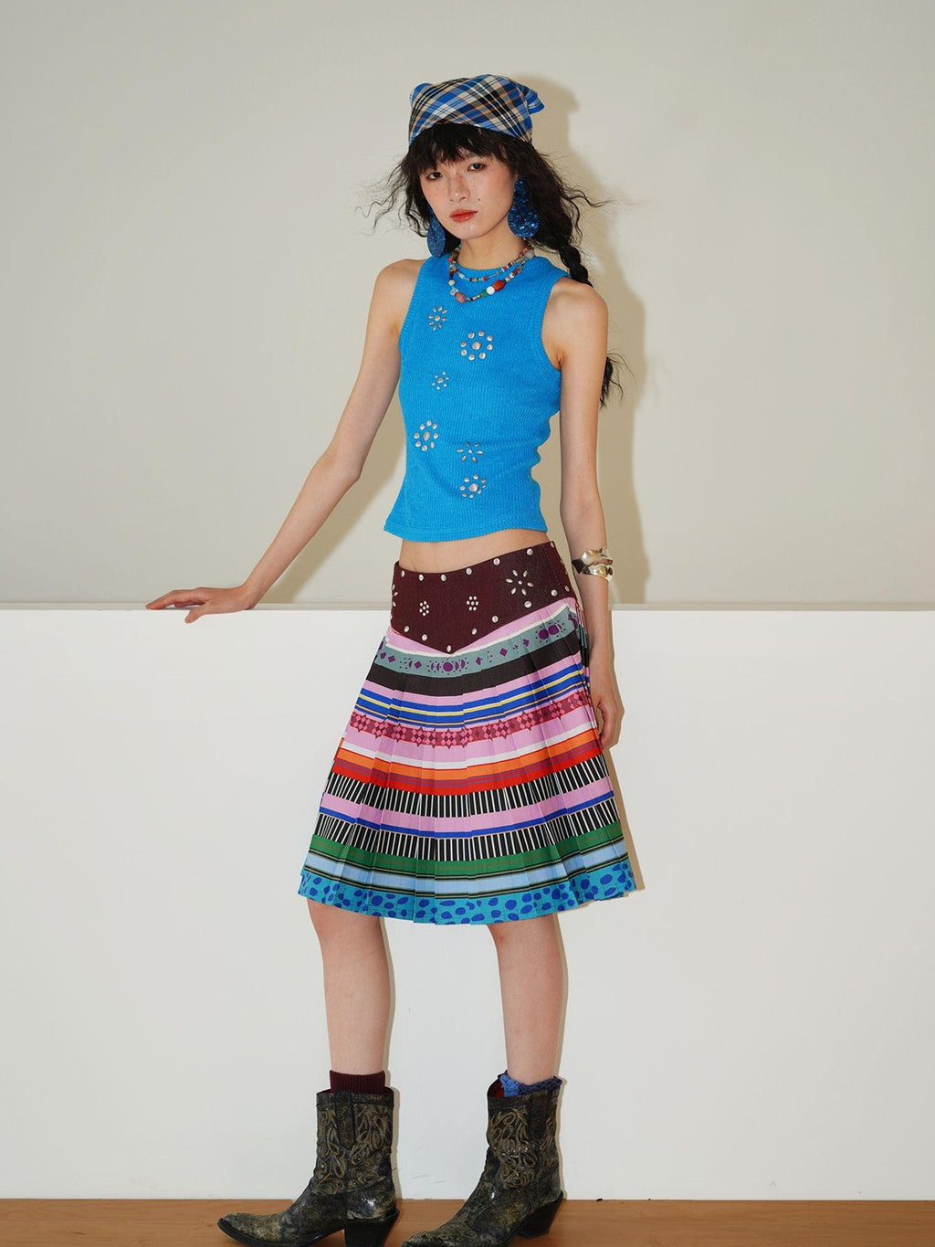badtaste Western Rhinestone Print A Line Low Waist Women's Denim Pleated Skirts