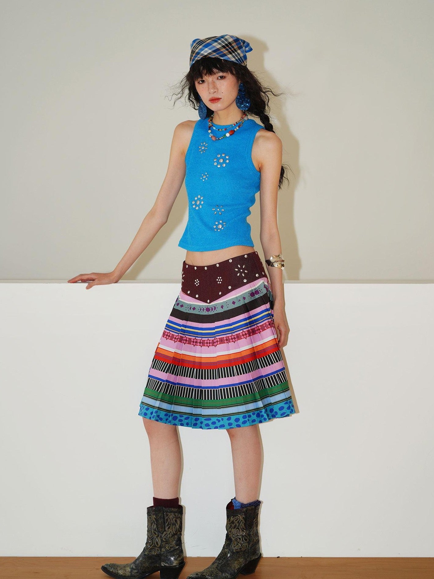 badtaste Western Rhinestone Print A Line Low Waist Women's Denim Pleated Skirts