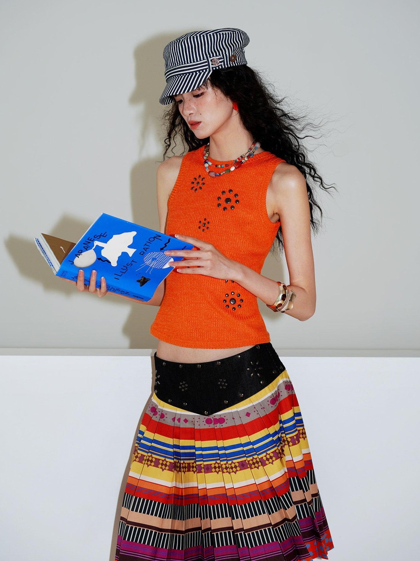 badtaste Western Rhinestone Print A Line Low Waist Women's Denim Pleated Skirts