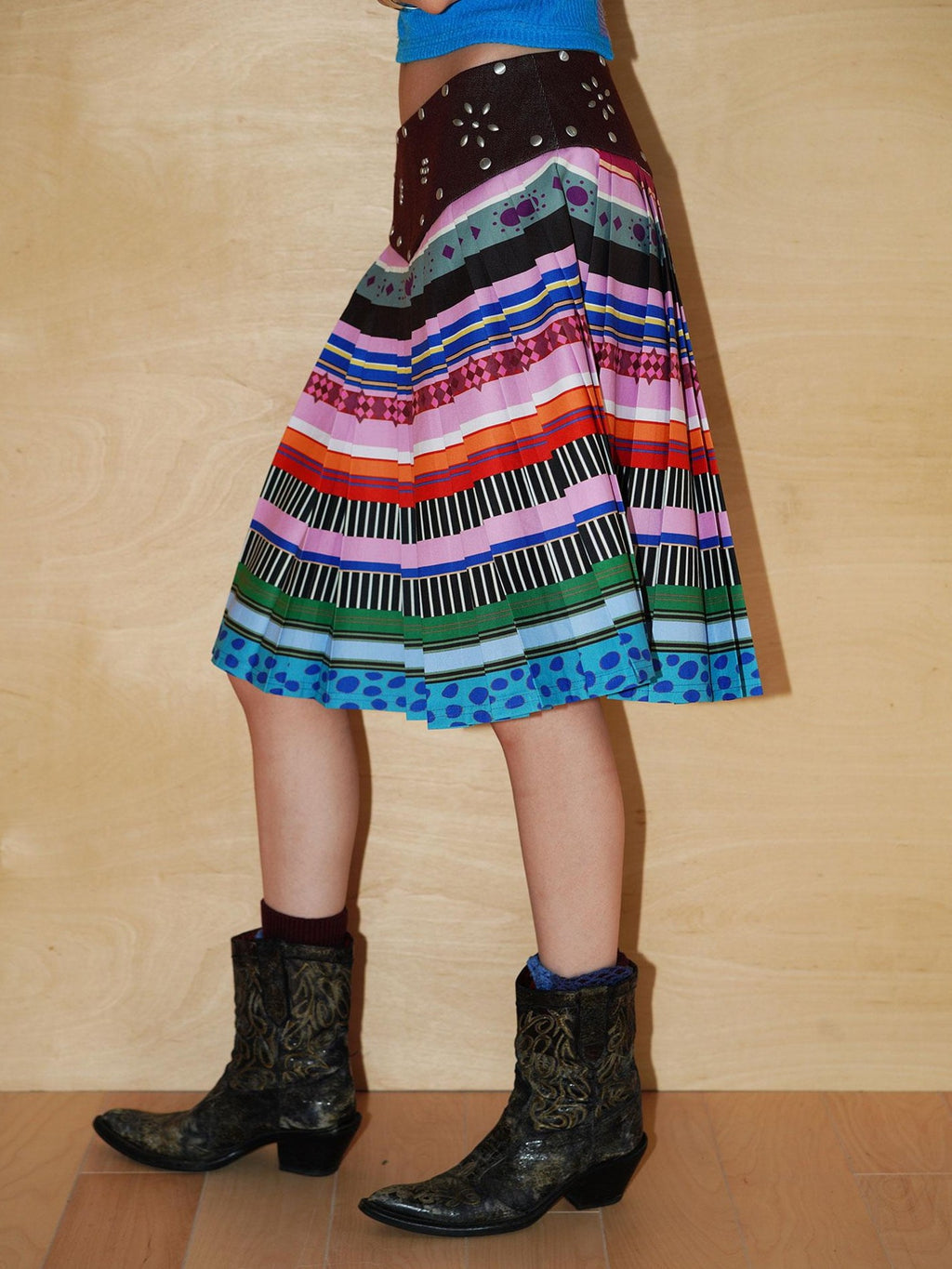 badtaste Western Rhinestone Print A Line Low Waist Women's Denim Pleated Skirts