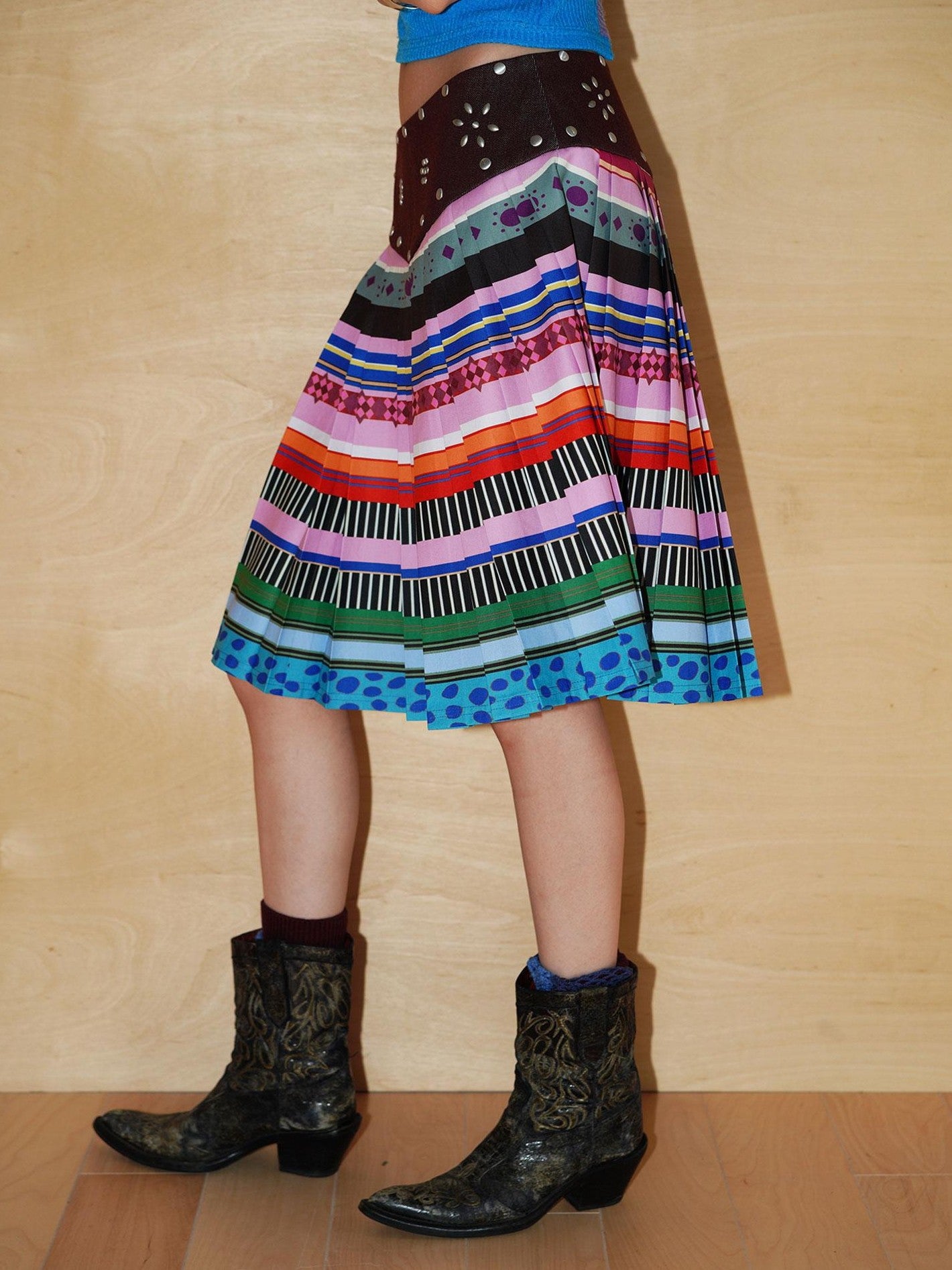 badtaste Western Rhinestone Print A Line Low Waist Women's Denim Pleated Skirts